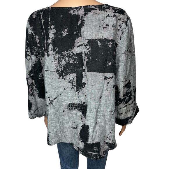 Habitat Clothes to Live In abstract print linen blouse Small BlackGrey Lagenlook - Picture 3 of 11